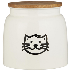 IB Laursen Bílá kovová dóza na krmivo pro kočky s dřevěným víkem CAT FOOD