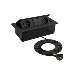 Design Light Výklopná zásuvka BOX 2x 230V a USB nabíječka A+C s 3m kabelem - černá