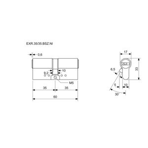 Bezpečnostní 10stavítková zámková vložka s ocelovou tyčí proti rozlomení a prostupovou spojkou (BSZ) Richter EXR.35/35.BSZ.NI