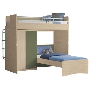 Patrová postel se skříní a žebříkem fairy modular - dub světlý/zelená