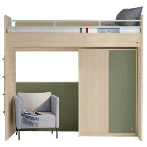 Vyvýšená postel se skříní a žebříkem fairy modular - dub světlý/zelená